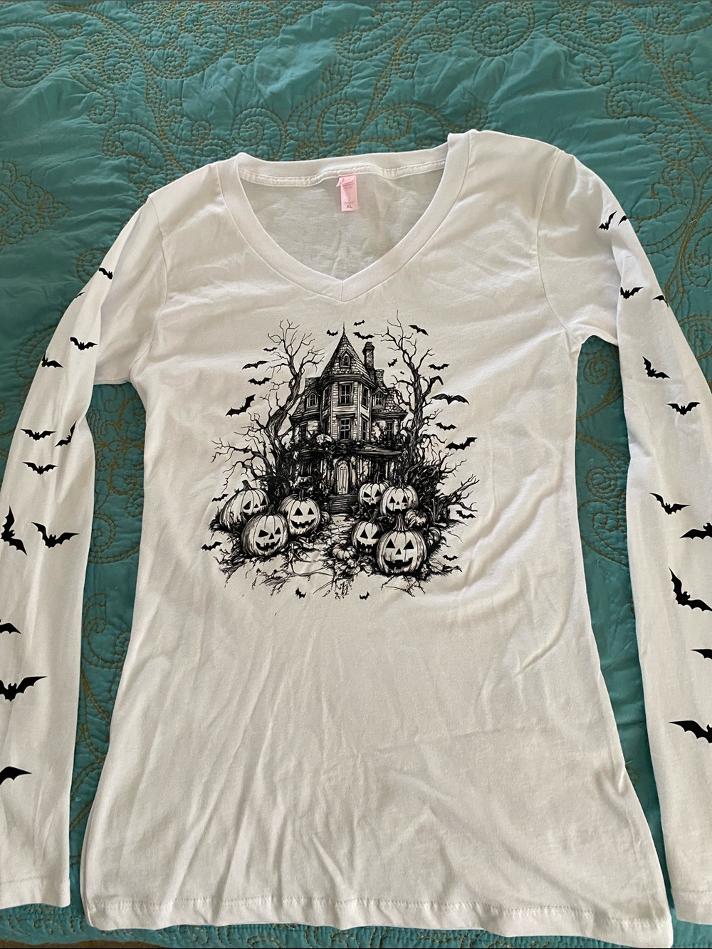 White Long-Sleeve Halloween Tee with Haunted House Graphic